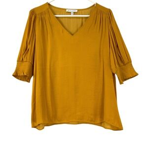 Maison dAmelie Mustard Yellow V Neck Gathered Sleeve Top Blouse Women's Size L